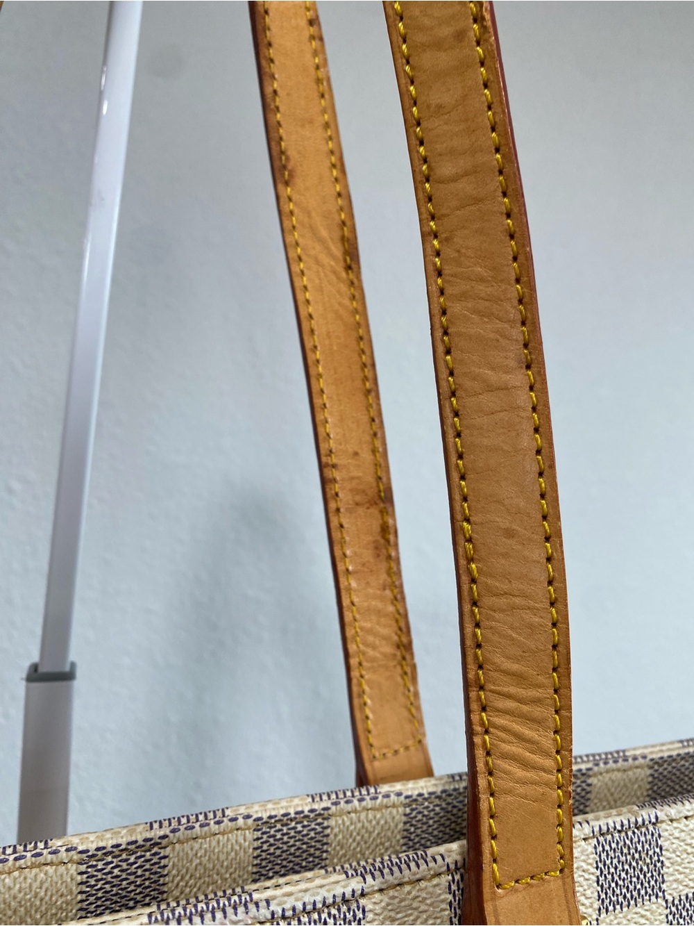 Beige Check Canvas Tote with Tan Leather Straps - Picture 8 of 16